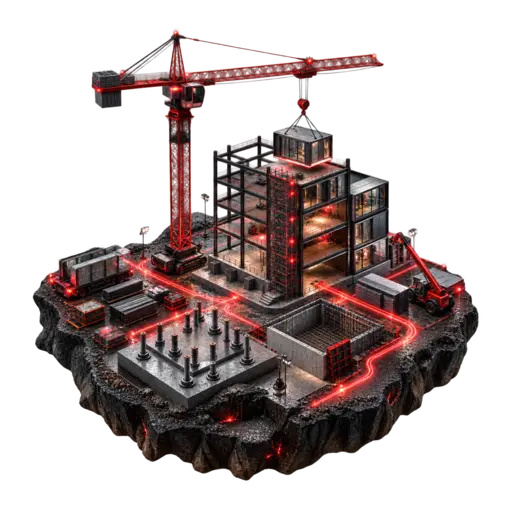 3D construction micro-world with crane, structural steel and foundations