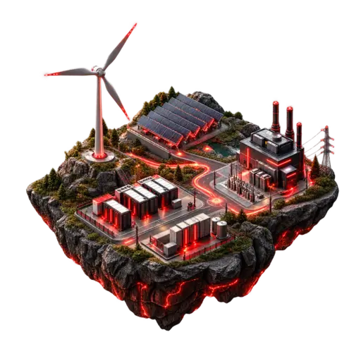 3D energy ecosystem with wind, solar, power generation and battery storage