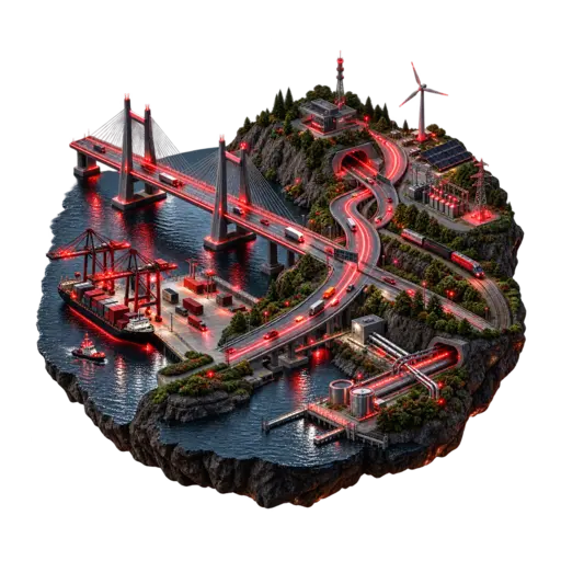 3D connected infrastructure ecosystem with bridge, road, rail and port