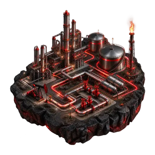 3D oil and gas refinery, storage and pipeline ecosystem