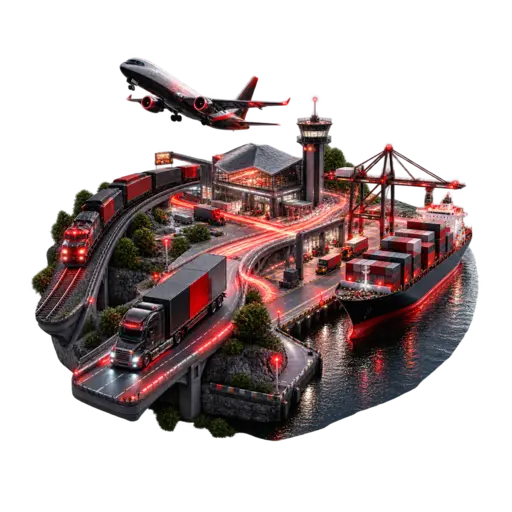 3D multimodal transportation hub with ship, aircraft, train and truck